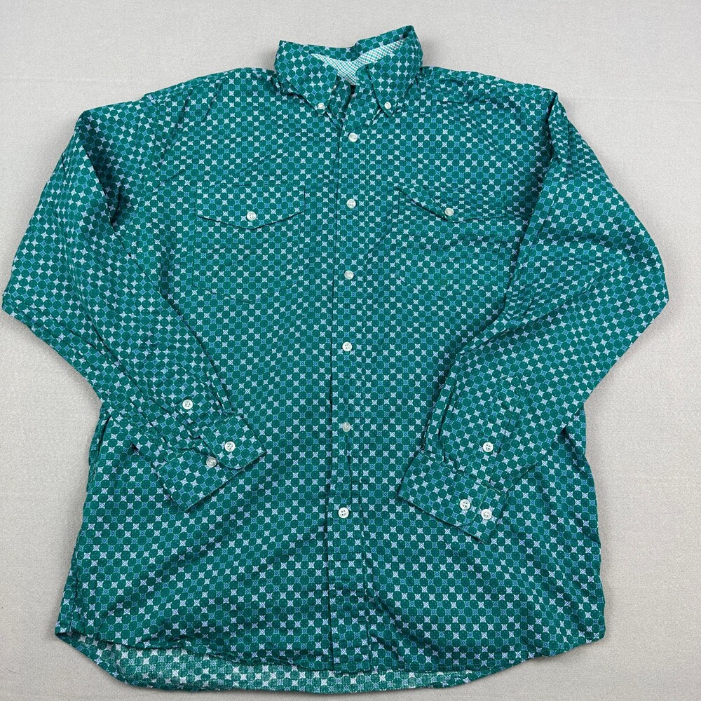Roper Shirt Men Large Green Geometric Button Up Long Sleeve Western Cotton L